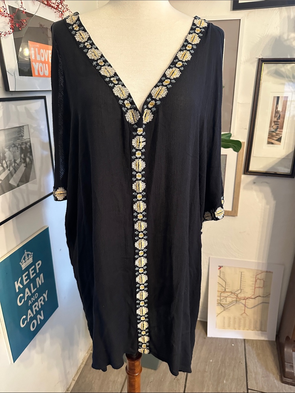 O'Neill Black Tunic with Yellow & White Embroidered Trim Medium
